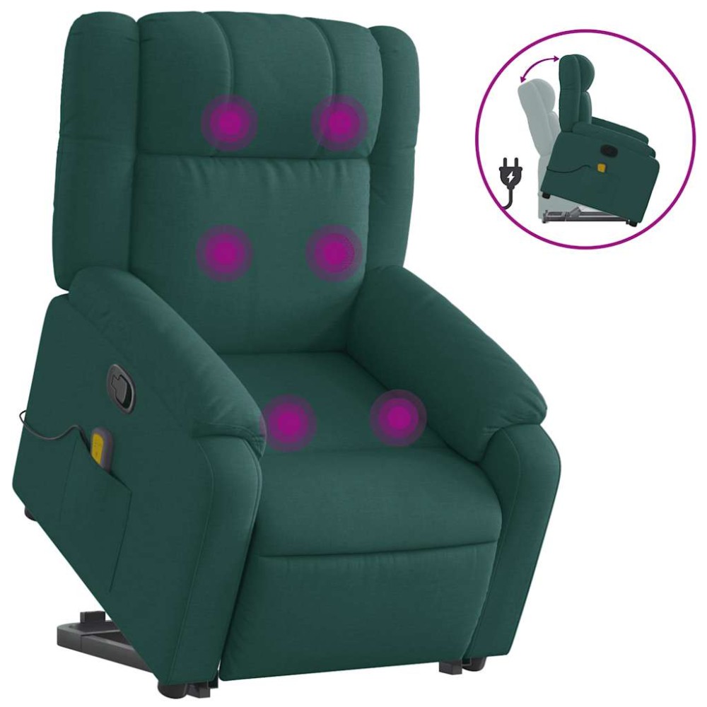 vidaXL Fotoliu rabatabil de masaj, cu ridicare, verde închis, textil