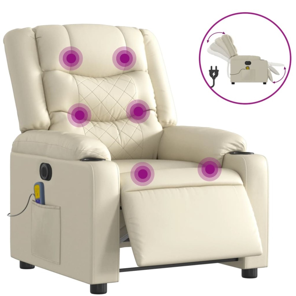 vidaXL Fotoliu electric de masaj rabatabil, crem, piele ecologică