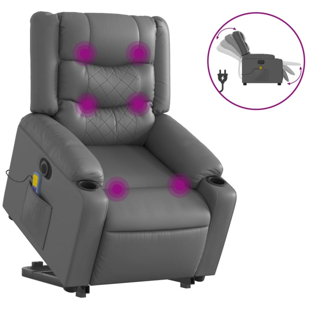 vidaXL Fotoliu masaj rabatabil electric cu ridicare, gri, piele eco