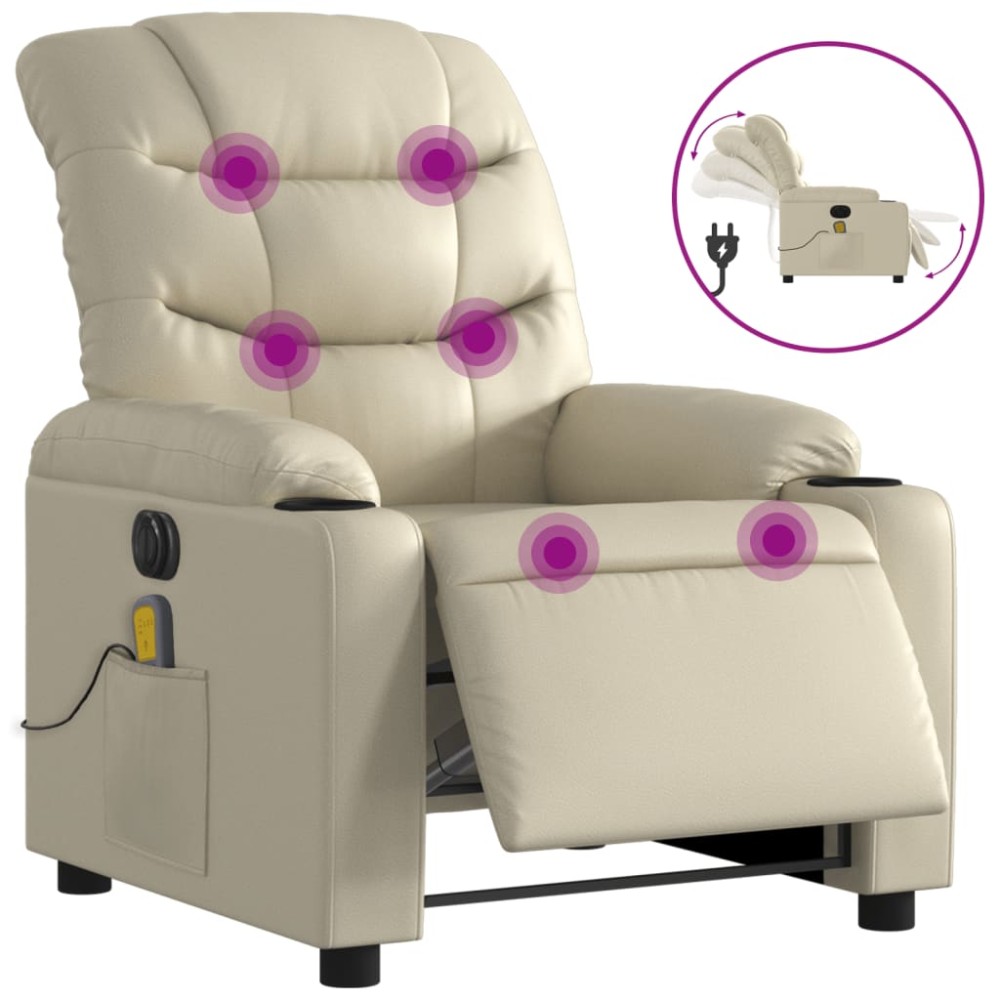 vidaXL Fotoliu electric de masaj rabatabil, crem, piele ecologică