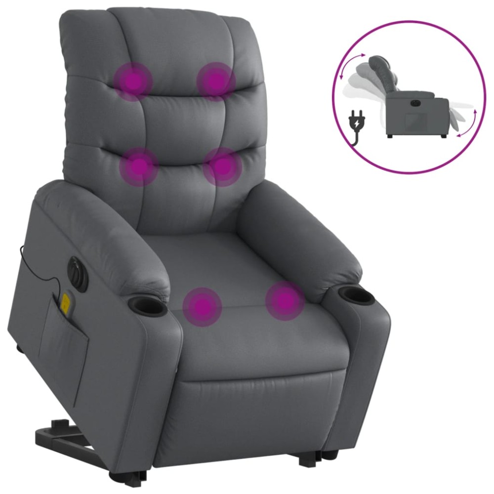 vidaXL Fotoliu masaj rabatabil electric cu ridicare, gri, piele eco