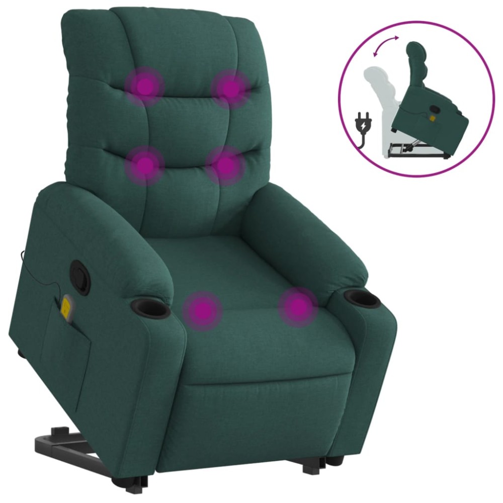 vidaXL Fotoliu rabatabil de masaj, cu ridicare, verde închis, textil