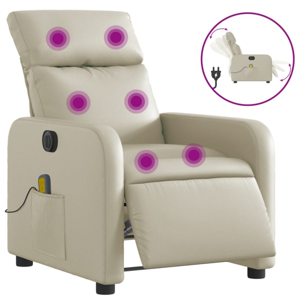 vidaXL Fotoliu electric de masaj rabatabil, crem, piele ecologică