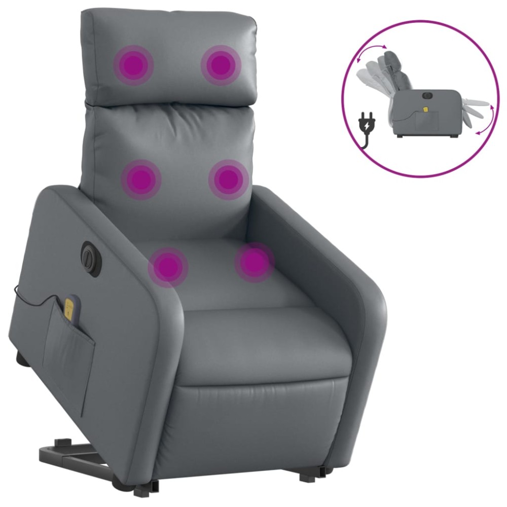 vidaXL Fotoliu masaj rabatabil electric cu ridicare, gri, piele eco