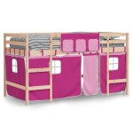 vidaXL Pat etajat de copii cu perdele, roz, 90x200 cm, lemn masiv pin vidaXL Pat etajat de copii cu perdele, roz, 90x200 cm, lemn masiv pin