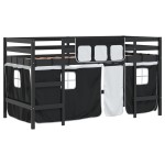vidaXL Pat etajat de copii perdele, alb/negru 90x200 cm lemn masiv pin