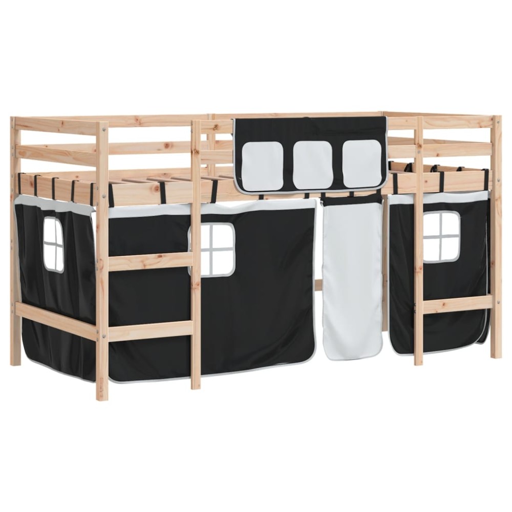 vidaXL Pat etajat de copii perdele, alb/negru 90x190 cm lemn masiv pin