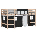 vidaXL Pat etajat de copii perdele, alb/negru 90x190 cm lemn masiv pin