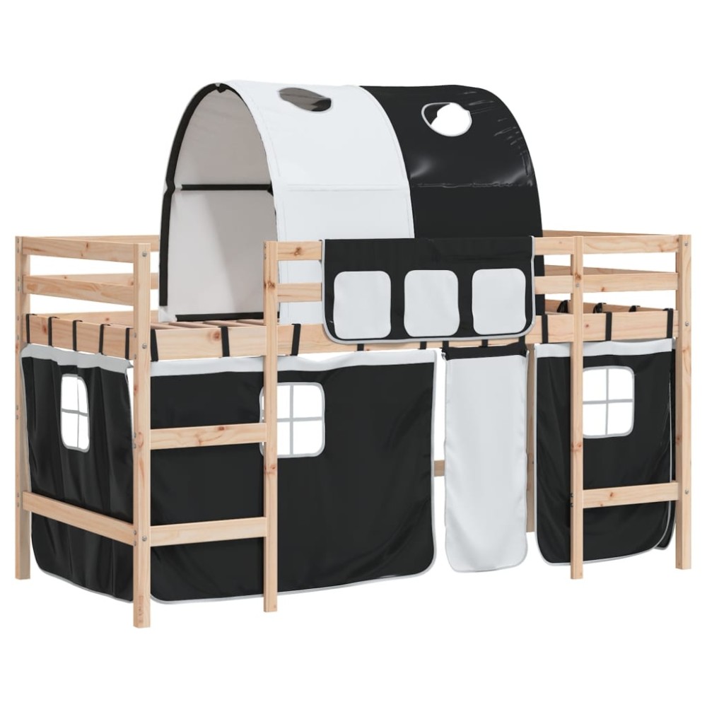 vidaXL Pat etajat de copii cu tunel alb/negru 90x190 cm lemn masiv pin