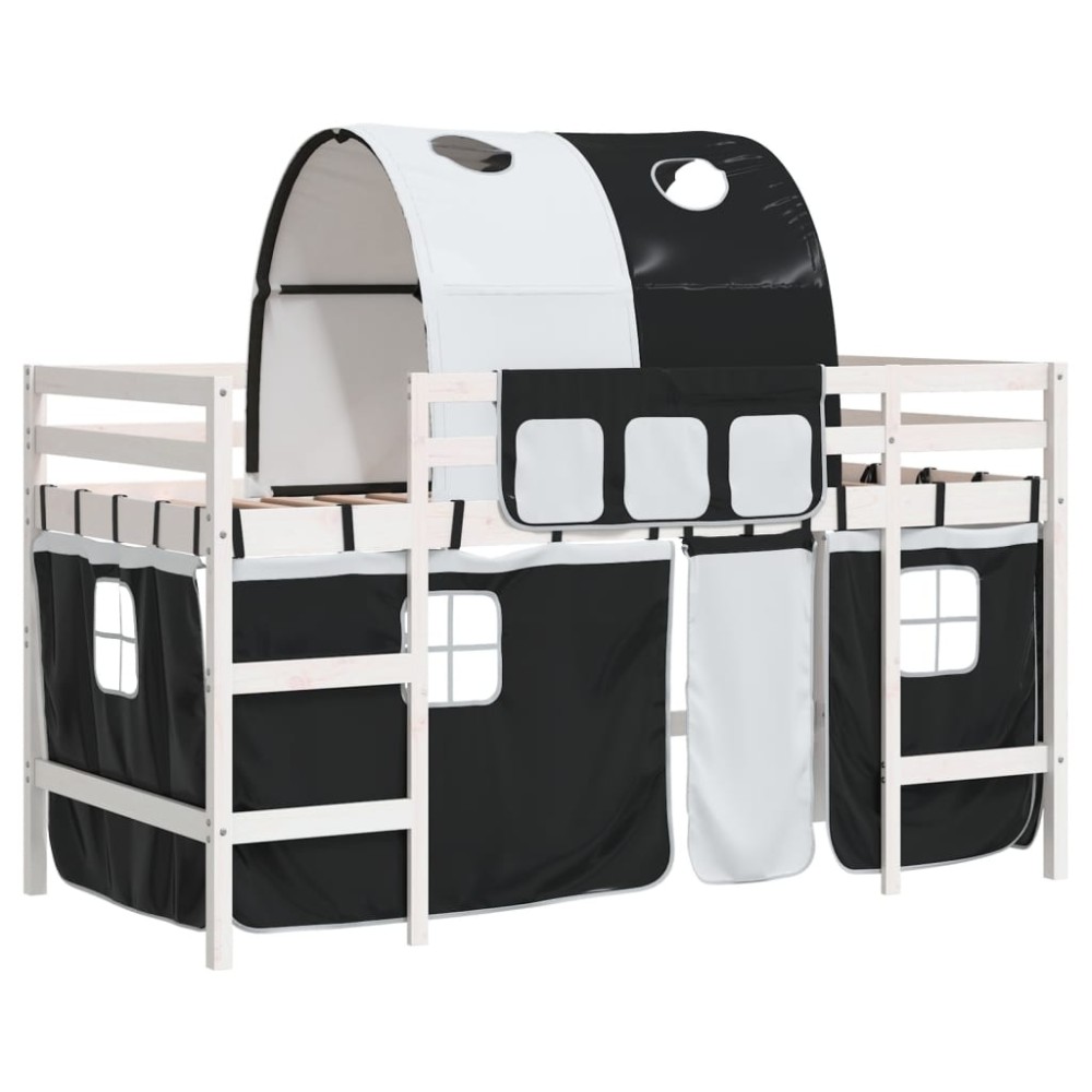 vidaXL Pat etajat de copii cu tunel alb/negru 90x190 cm lemn masiv pin