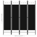 vidaXL Paravan de cameră cu 4 panouri, negru, 160 x 180 cm