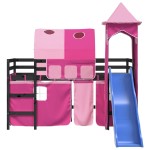 vidaXL Pat etajat de copii cu turn, roz, 90x190 cm, lemn masiv pin