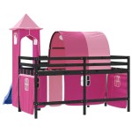 vidaXL Pat etajat de copii cu turn, roz, 90x190 cm, lemn masiv pin