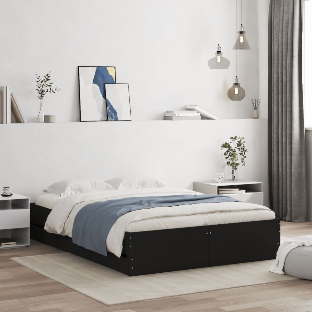 vidaXL Cadru de pat cu sertare, negru, 120x200 cm, lemn prelucrat