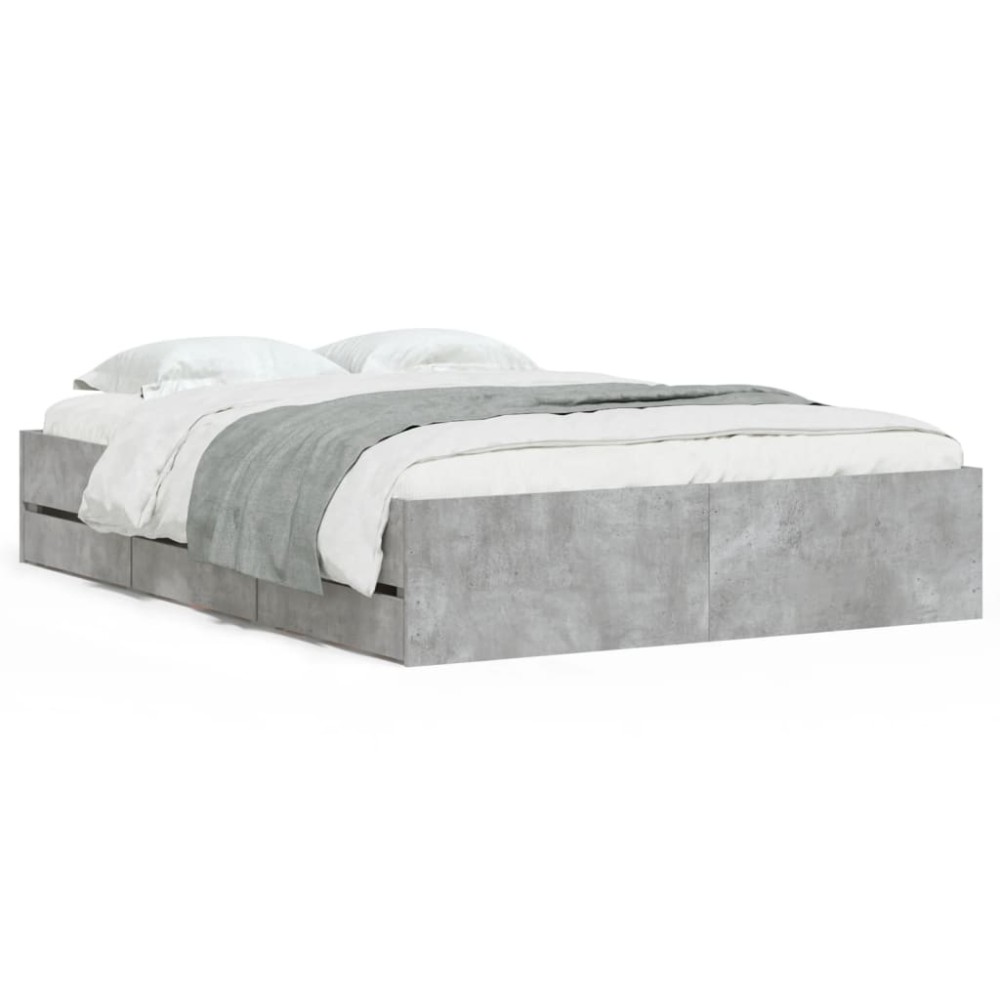 vidaXL Cadru de pat cu sertare, gri beton, 135x190 cm, lemn prelucrat