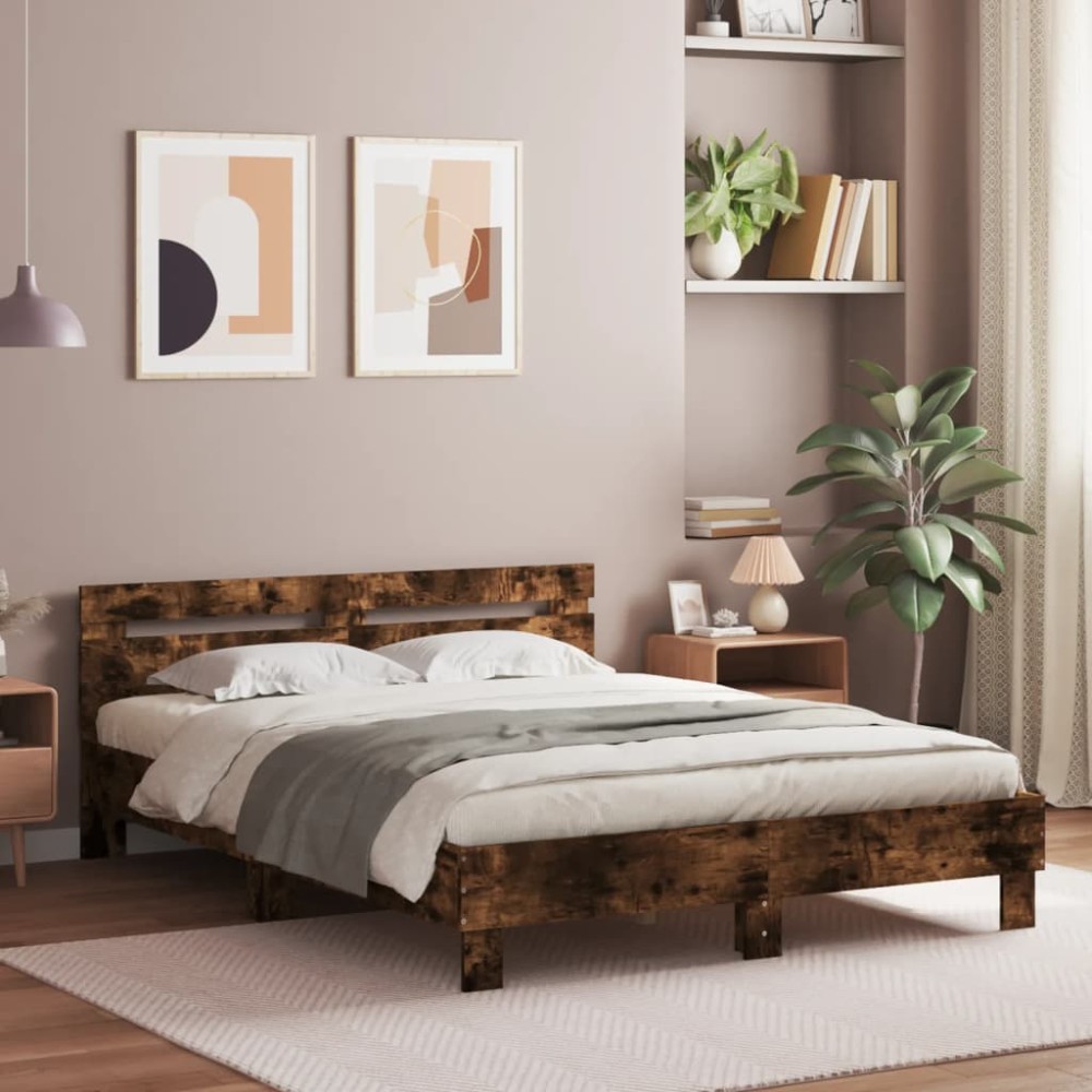 vidaXL Cadru de pat cu tăblie stejar fumuriu 140x190 cm lemn prelucrat