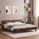 vidaXL Cadru de pat cu tăblie și LED, stejar fumuriu, 180x200 cm vidaXL Cadru de pat cu tăblie și LED, stejar fumuriu, 180x200 cm