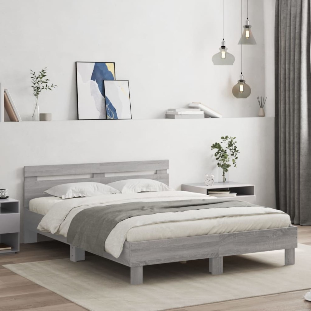 vidaXL Cadru de pat cu tăblie și LED, gri sonoma, 150x200 cm
