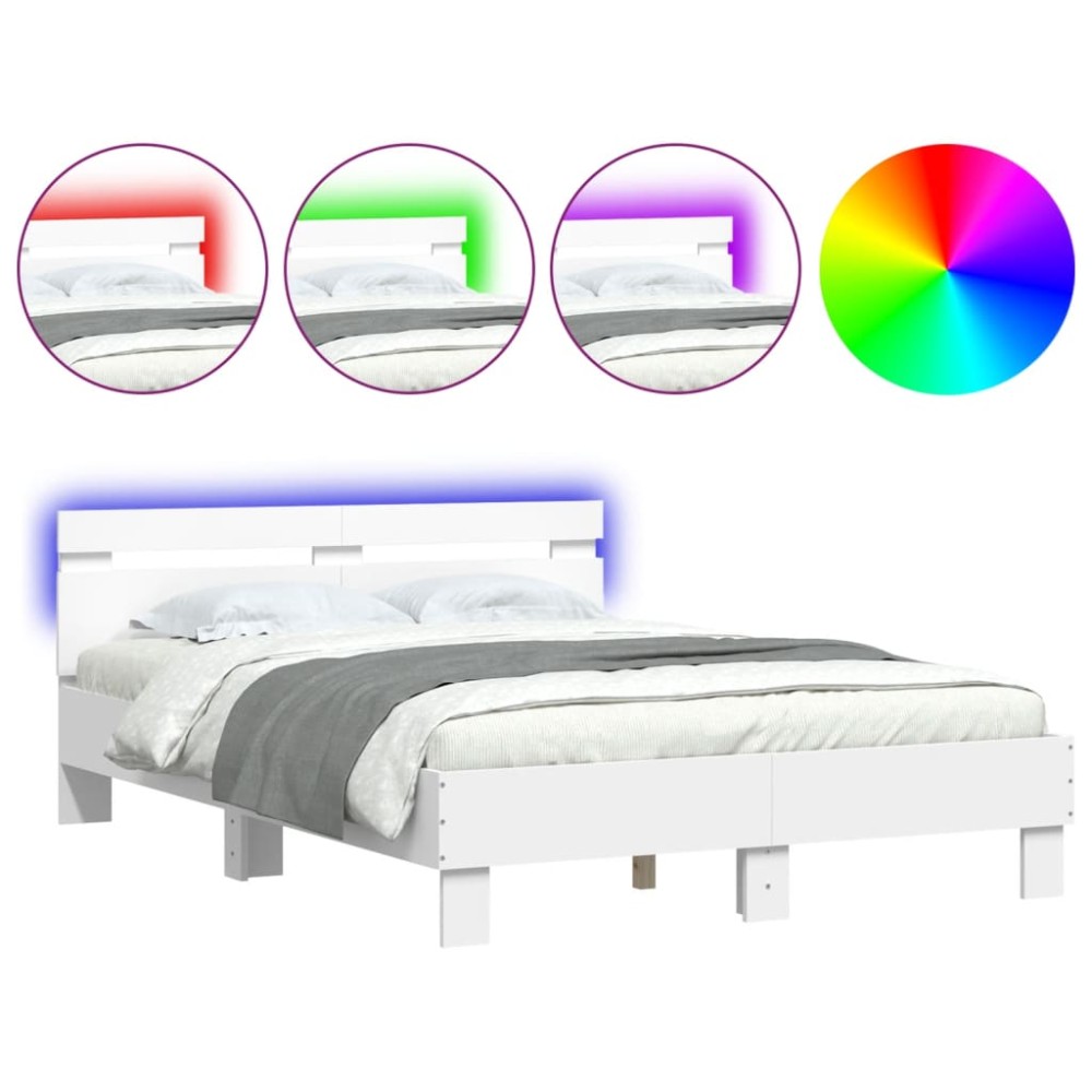 vidaXL Cadru de pat cu tăblie și LED, alb, 135x190 cm