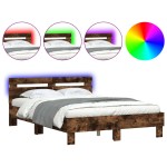vidaXL Cadru de pat cu tăblie și LED, stejar fumuriu, 135x190 cm vidaXL Cadru de pat cu tăblie și LED, stejar fumuriu, 135x190 cm