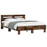 vidaXL Cadru de pat cu tăblie și LED, stejar fumuriu, 135x190 cm vidaXL Cadru de pat cu tăblie și LED, stejar fumuriu, 135x190 cm