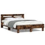 vidaXL Cadru de pat cu tăblie și LED, stejar fumuriu, 135x190 cm vidaXL Cadru de pat cu tăblie și LED, stejar fumuriu, 135x190 cm