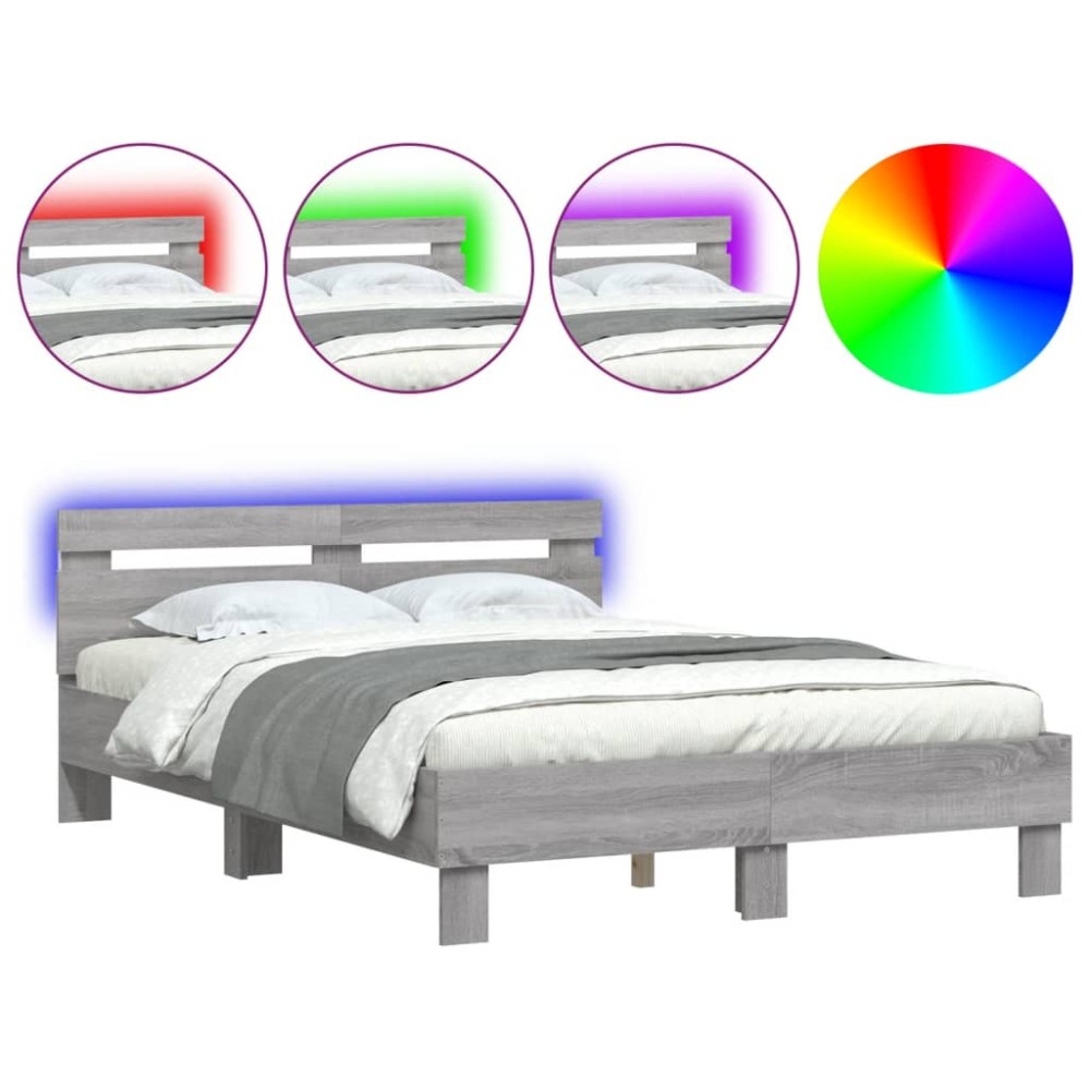 vidaXL Cadru de pat cu tăblie și LED, gri sonoma, 135x190 cm