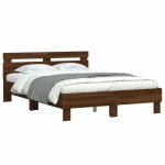 vidaXL Cadru de pat cu tăblie și LED, stejar maro, 135x190 cm vidaXL Cadru de pat cu tăblie și LED, stejar maro, 135x190 cm