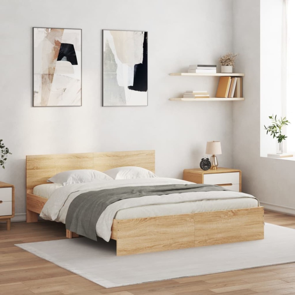 vidaXL Cadru de pat cu tăblie și LED, stejar sonoma, 160x200 cm