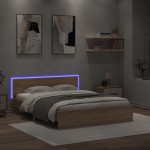 vidaXL Cadru de pat cu tăblie și LED, stejar sonoma, 160x200 cm vidaXL Cadru de pat cu tăblie și LED, stejar sonoma, 160x200 cm