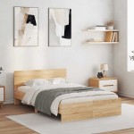 vidaXL Cadru de pat cu tăblie și LED, stejar sonoma, 140x190 cm vidaXL Cadru de pat cu tăblie și LED, stejar sonoma, 140x190 cm