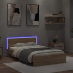 vidaXL Cadru de pat cu tăblie și LED, stejar sonoma, 135x190 cm