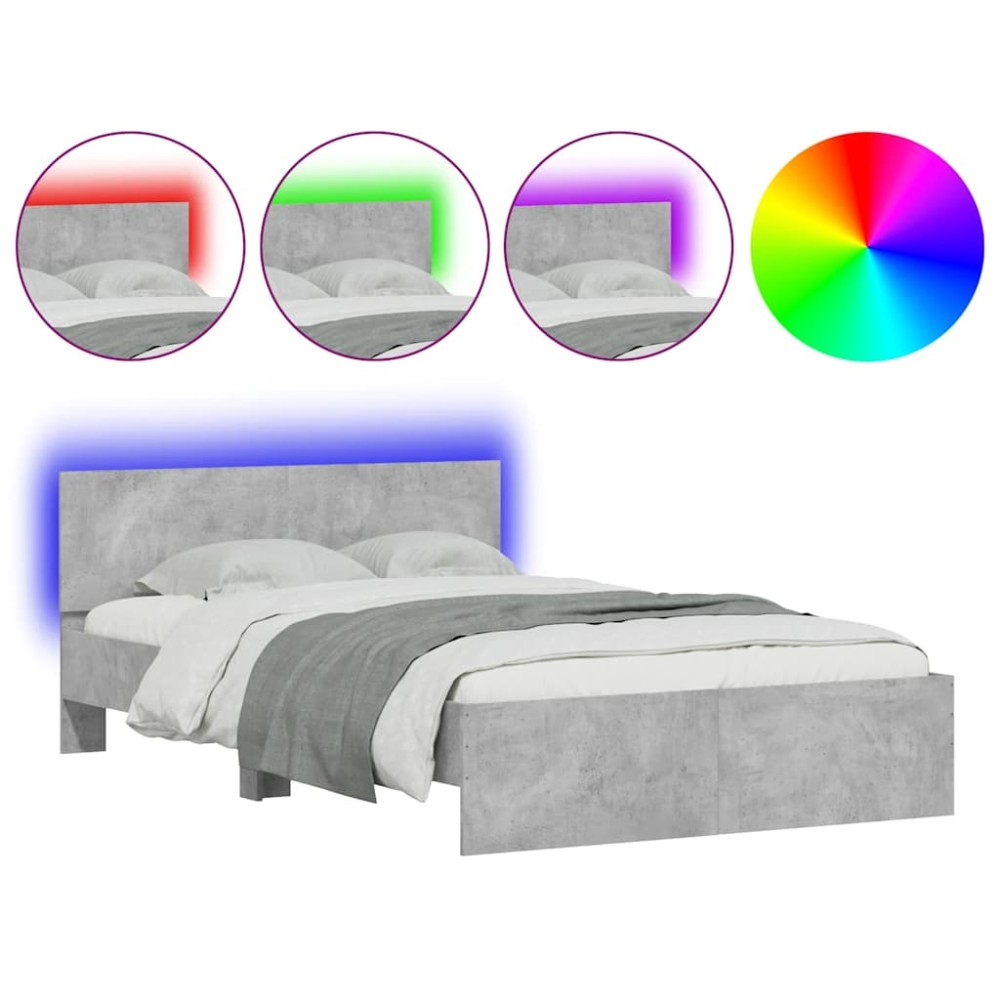 vidaXL Cadru de pat cu tăblie și LED, gri beton, 135x190 cm