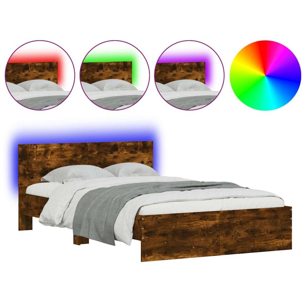 vidaXL Cadru de pat cu tăblie și LED, stejar fumuriu, 135x190 cm