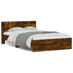 vidaXL Cadru de pat cu tăblie și LED, stejar fumuriu, 135x190 cm vidaXL Cadru de pat cu tăblie și LED, stejar fumuriu, 135x190 cm