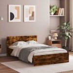 vidaXL Cadru de pat cu tăblie și LED, stejar fumuriu, 135x190 cm vidaXL Cadru de pat cu tăblie și LED, stejar fumuriu, 135x190 cm