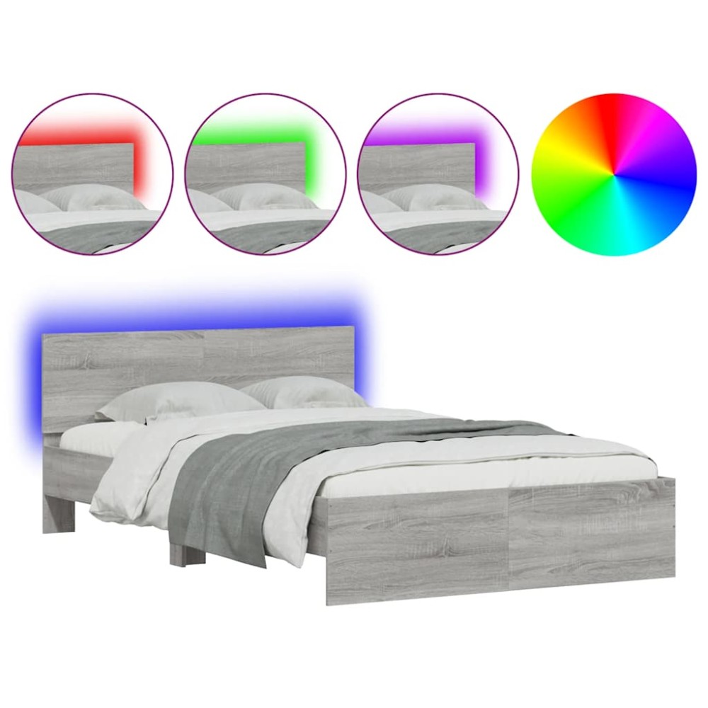 vidaXL Cadru de pat cu tăblie și LED, gri sonoma, 135x190 cm