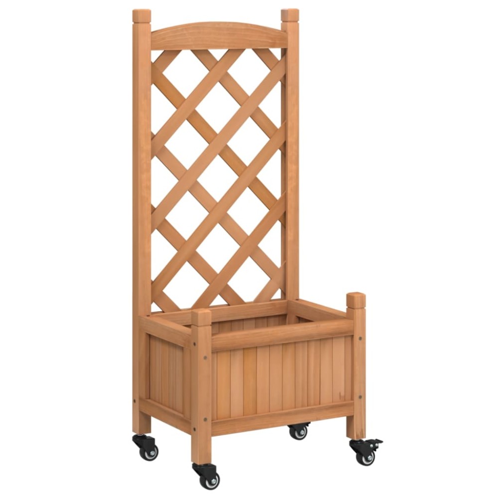 vidaXL Jardinieră cu spalier și roți, maro, lemn masiv de brad
