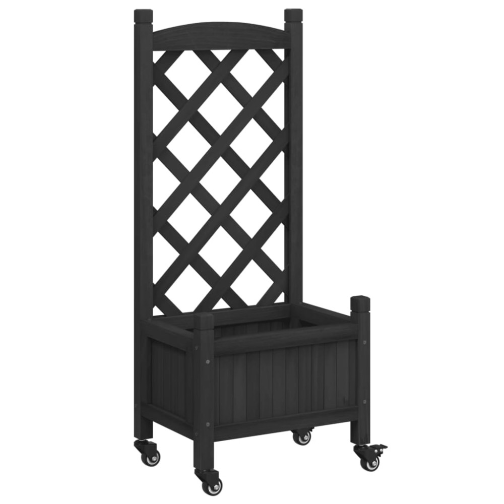 vidaXL Jardinieră cu spalier și roți, negru, lemn masiv de brad