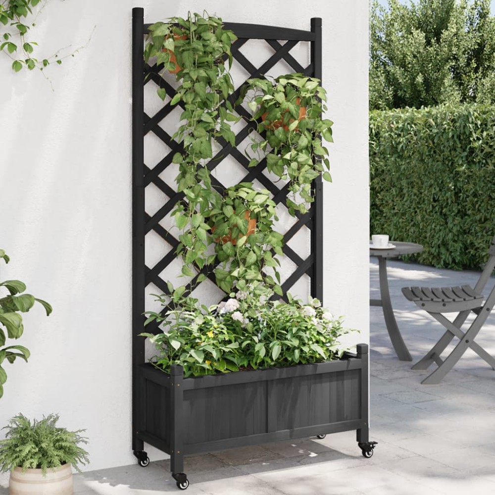 vidaXL Jardinieră cu spalier și roți, negru, lemn masiv de brad