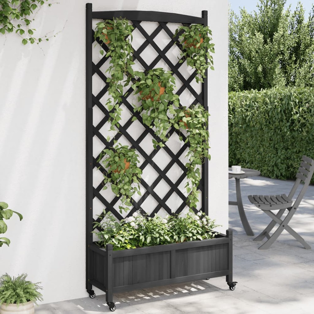 vidaXL Jardinieră cu spalier și roți, negru, lemn masiv de brad