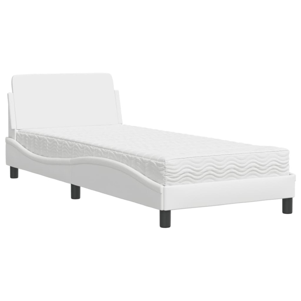 vidaXL Pat cu saltea, alb, 90x200 cm, piele ecologică