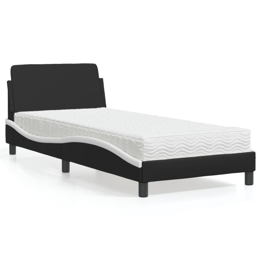 vidaXL Pat cu saltea, negru și alb, 90x200 cm, piele ecologică