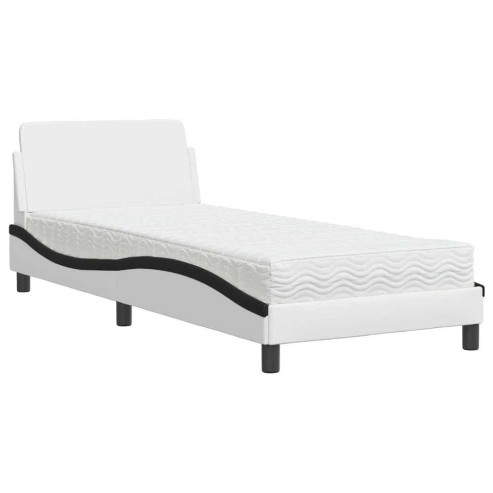 vidaXL Pat cu saltea, alb și negru, 90x200 cm, piele ecologică
