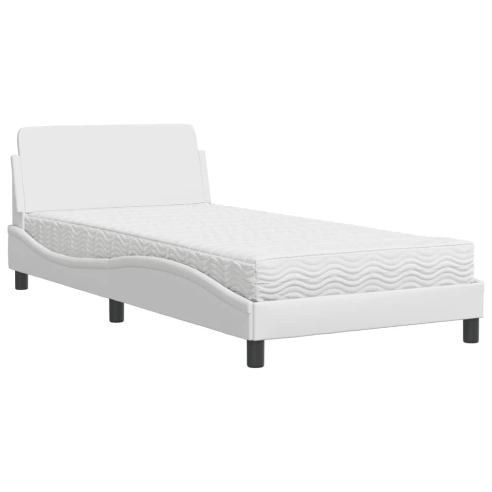 vidaXL Pat cu saltea, alb, 100x200 cm, piele ecologică