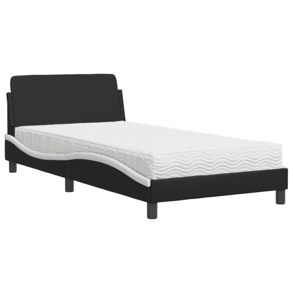 vidaXL Pat cu saltea, negru și alb, 100x200 cm, piele ecologică