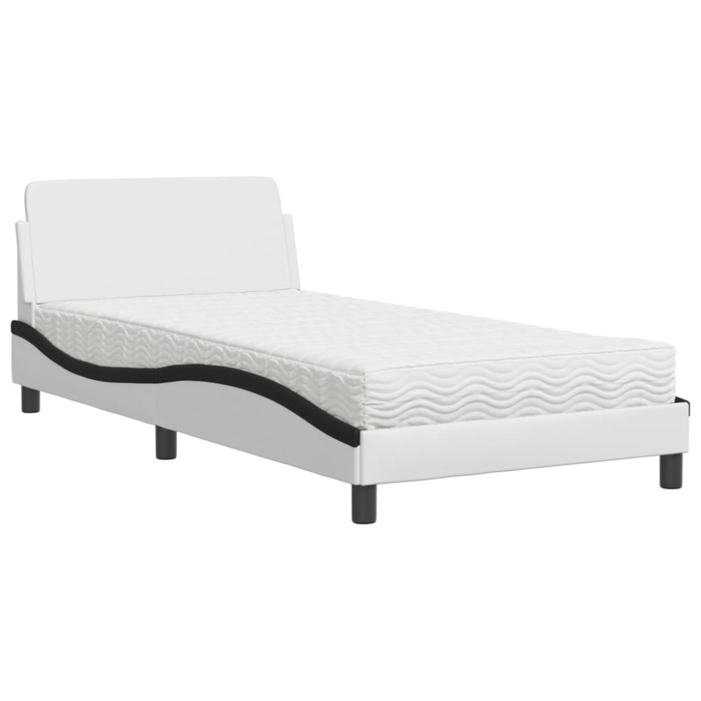 vidaXL Pat cu saltea, alb și negru, 100x200 cm, piele ecologică