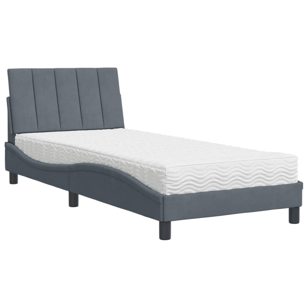 vidaXL Pat cu saltea, gri închis, 90x190 cm, catifea