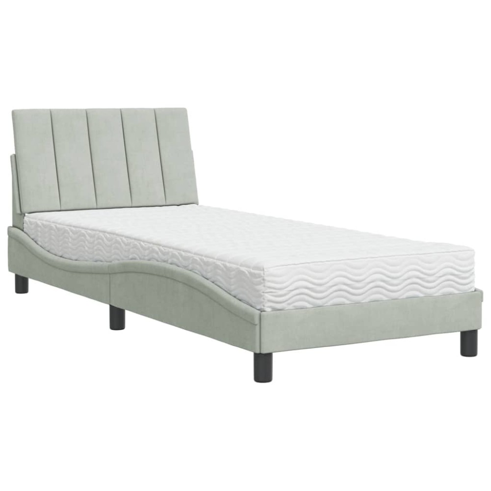 vidaXL Pat cu saltea, gri deschis, 90x200 cm, catifea