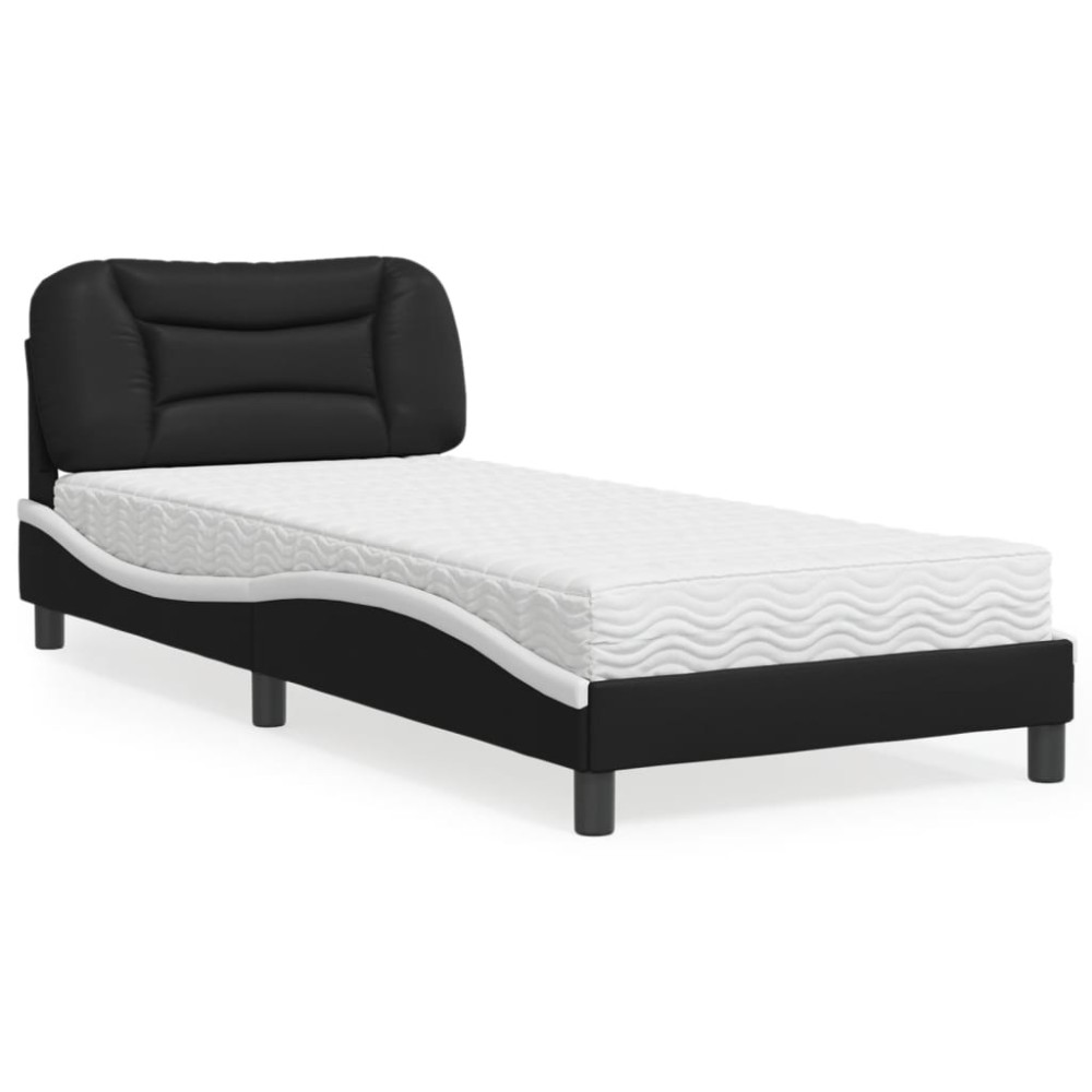 vidaXL Pat cu saltea, negru și alb, 90x190 cm, piele ecologică